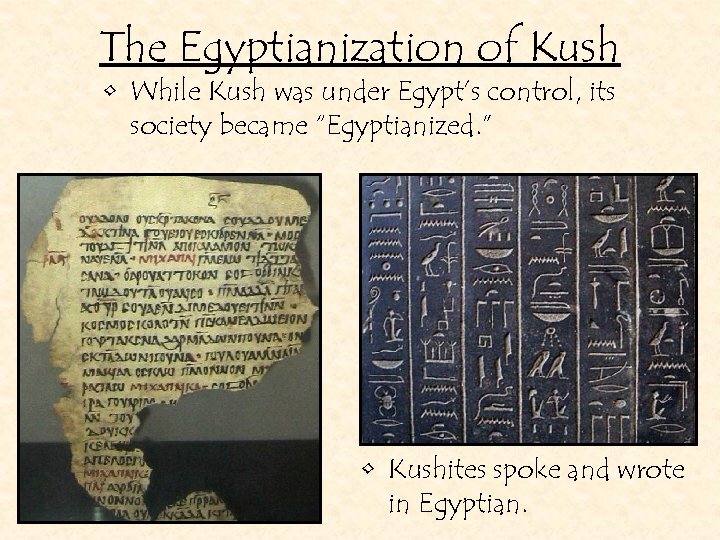 The Egyptianization of Kush • While Kush was under Egypt’s control, its society became