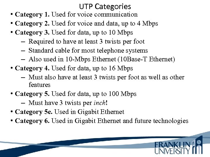 UTP Categories • Category 1. Used for voice communication • Category 2. Used for