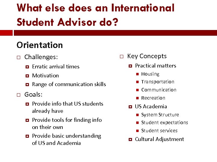 What else does an International Student Advisor do? Orientation Challenges: Erratic arrival times Motivation