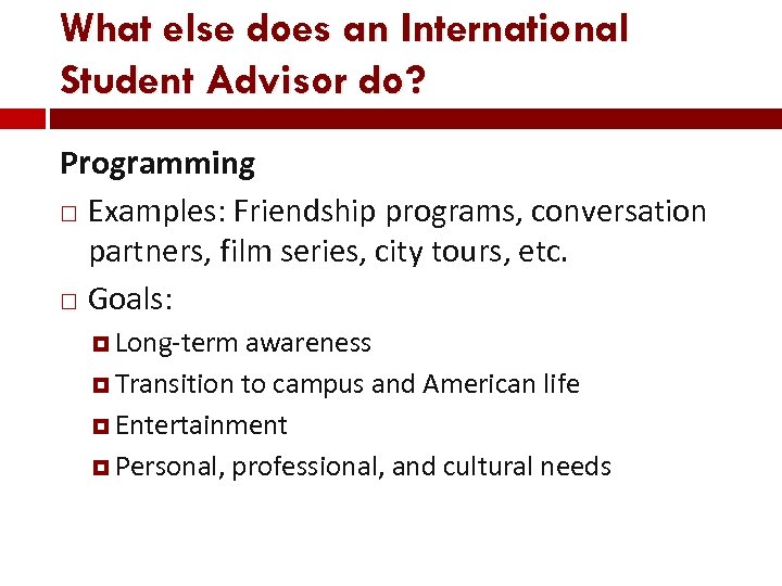 What else does an International Student Advisor do? Programming Examples: Friendship programs, conversation partners,