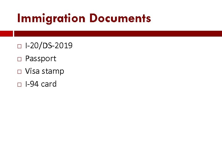 Immigration Documents I-20/DS-2019 Passport Visa stamp I-94 card 