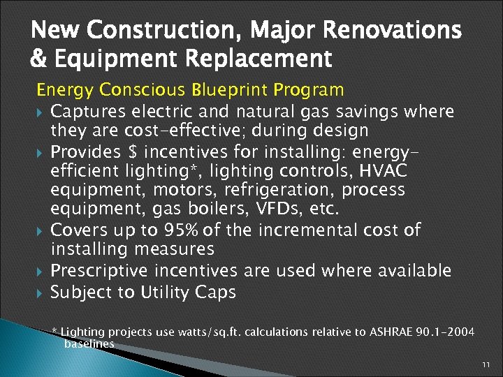 New Construction, Major Renovations & Equipment Replacement Energy Conscious Blueprint Program Captures electric and