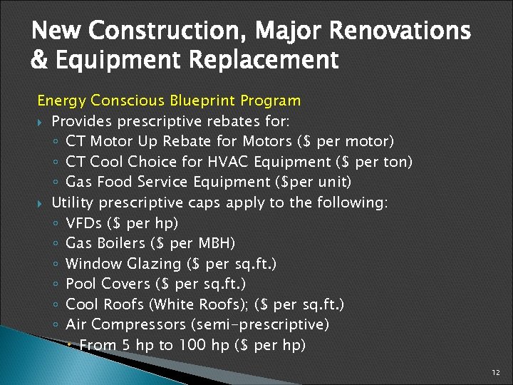 New Construction, Major Renovations & Equipment Replacement Energy Conscious Blueprint Program Provides prescriptive rebates