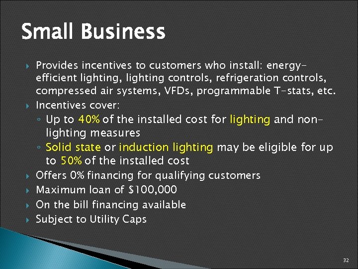 Small Business Provides incentives to customers who install: energyefficient lighting, lighting controls, refrigeration controls,