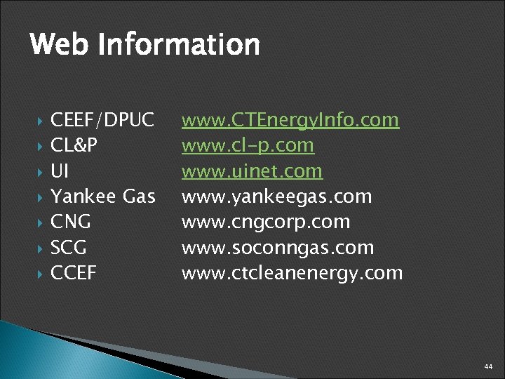 Web Information CEEF/DPUC CL&P UI Yankee Gas CNG SCG CCEF www. CTEnergy. Info. com