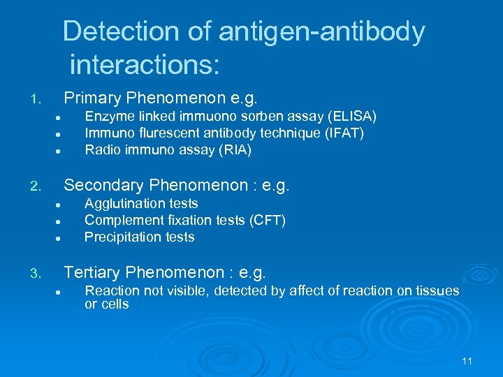 Detection of antigen-antibody interactions: Primary Phenomenon e. g. 1. l l l Enzyme linked