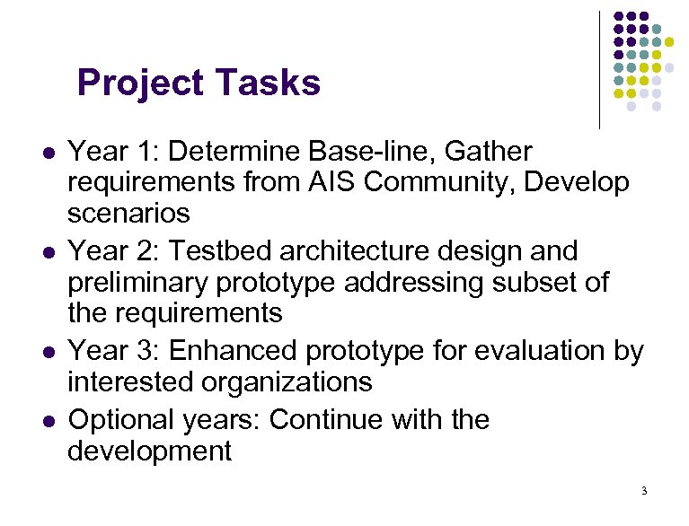 Project Tasks l l Year 1: Determine Base-line, Gather requirements from AIS Community, Develop