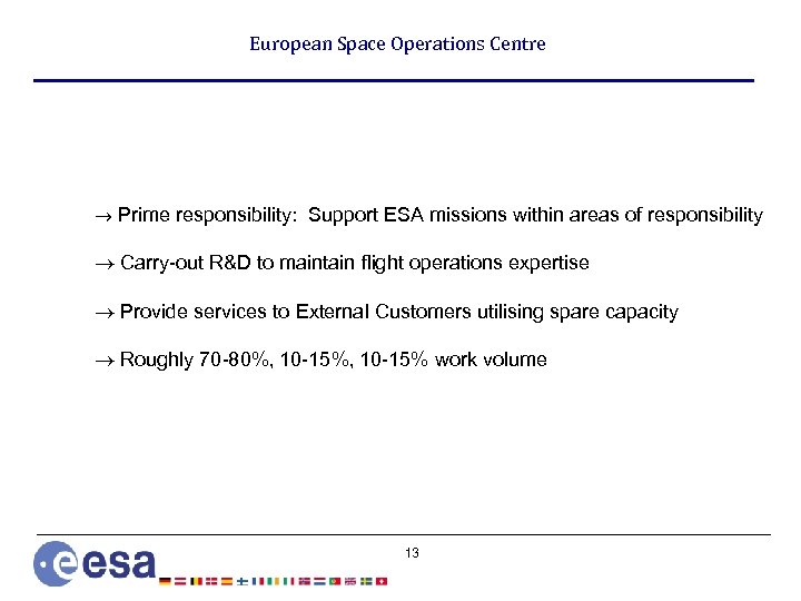 European Space Operations Centre ® Prime responsibility: Support ESA missions within areas of responsibility