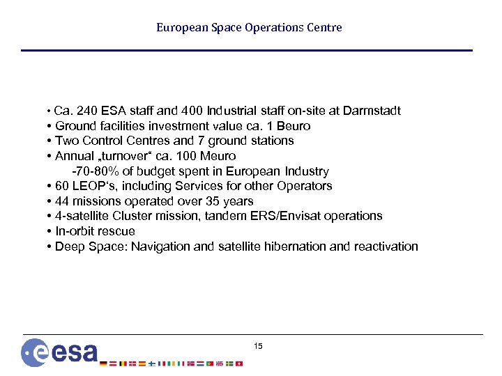 European Space Operations Centre • Ca. 240 ESA staff and 400 Industrial staff on-site