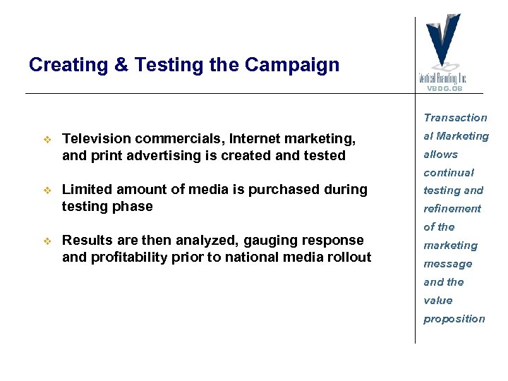 Creating & Testing the Campaign VBDG. OB Transaction v Television commercials, Internet marketing, and
