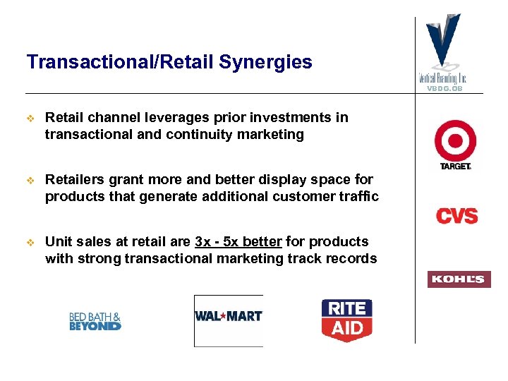 Transactional/Retail Synergies VBDG. OB v Retail channel leverages prior investments in transactional and continuity