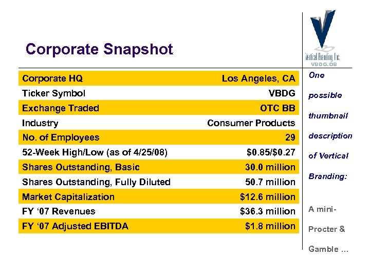 Corporate Snapshot VBDG. OB Corporate HQ Los Angeles, CA Ticker Symbol VBDG Exchange Traded
