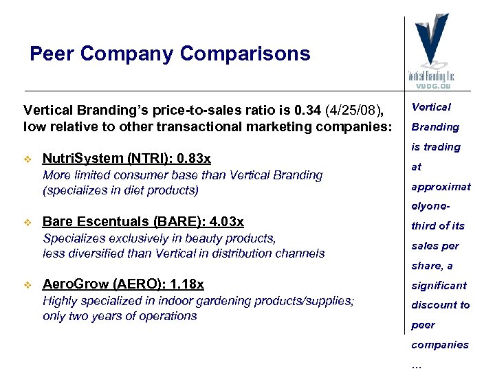 Peer Company Comparisons VBDG. OB Vertical Branding’s price-to-sales ratio is 0. 34 (4/25/08), low