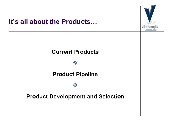 It’s all about the Products… VBDG. OB Current Products Product Pipeline Product Development and