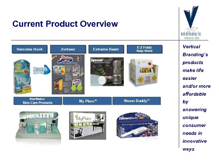 Current Product Overview VBDG. OB Vertical Branding’s products make life easier and/or more affordable