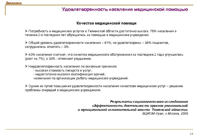 Здоровье Удовлетворенность населения медицинской помощью Качество медицинской помощи Ø Потребность в медицинских услугах в