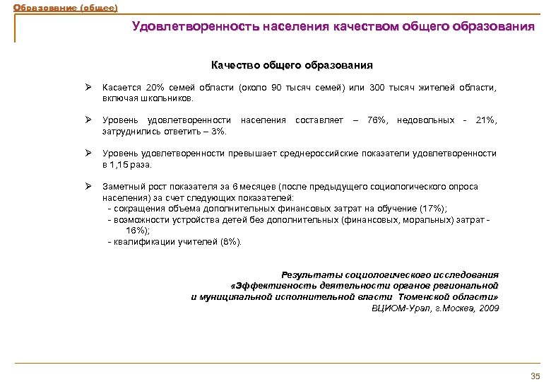 Образование (общее) Удовлетворенность населения качеством общего образования Качество общего образования Ø Касается 20% семей