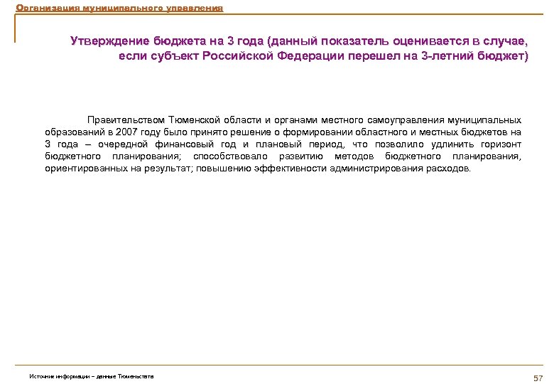 Организация муниципального управления Утверждение бюджета на 3 года (данный показатель оценивается в случае, если