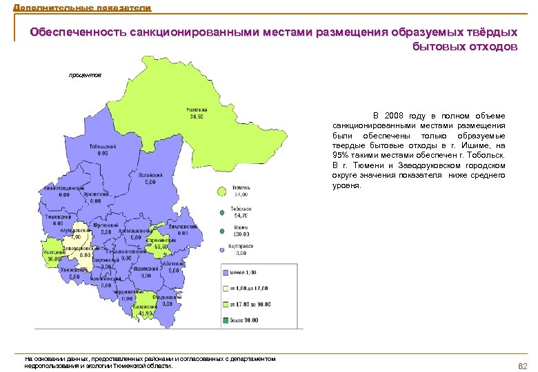 Дополнительные показатели Обеспеченность санкционированными местами размещения образуемых твёрдых бытовых отходов процентов В 2008 году