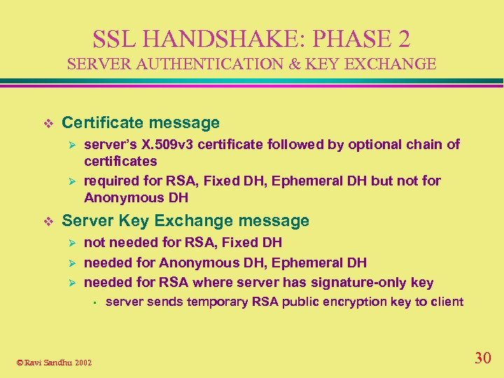 SSL HANDSHAKE: PHASE 2 SERVER AUTHENTICATION & KEY EXCHANGE v Certificate message Ø Ø