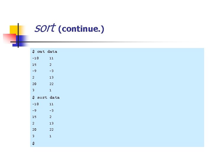sort (continue. ) $ cat data -10 11 15 2 -9 -3 2 13