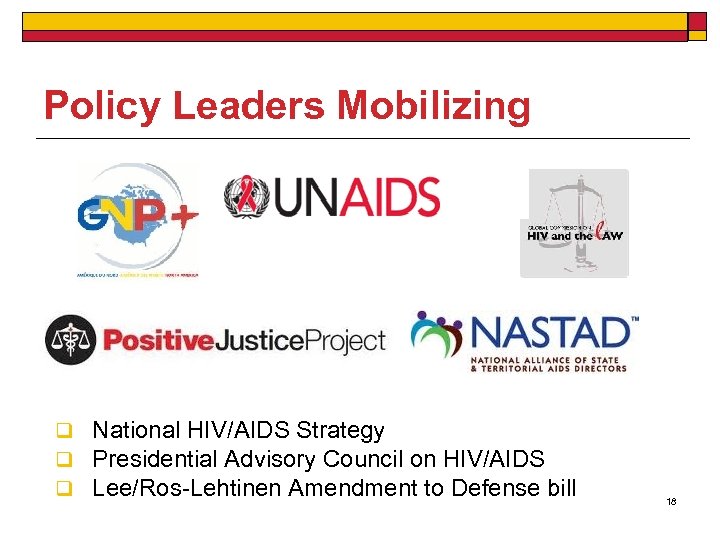 Policy Leaders Mobilizing q National HIV/AIDS Strategy q Presidential Advisory Council on HIV/AIDS q