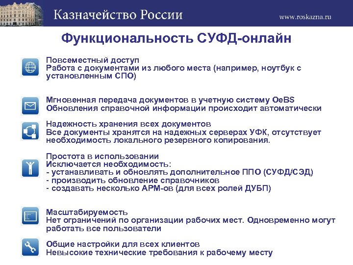 Функциональность СУФД-онлайн Повсеместный доступ Работа с документами из любого места (например, ноутбук с установленным