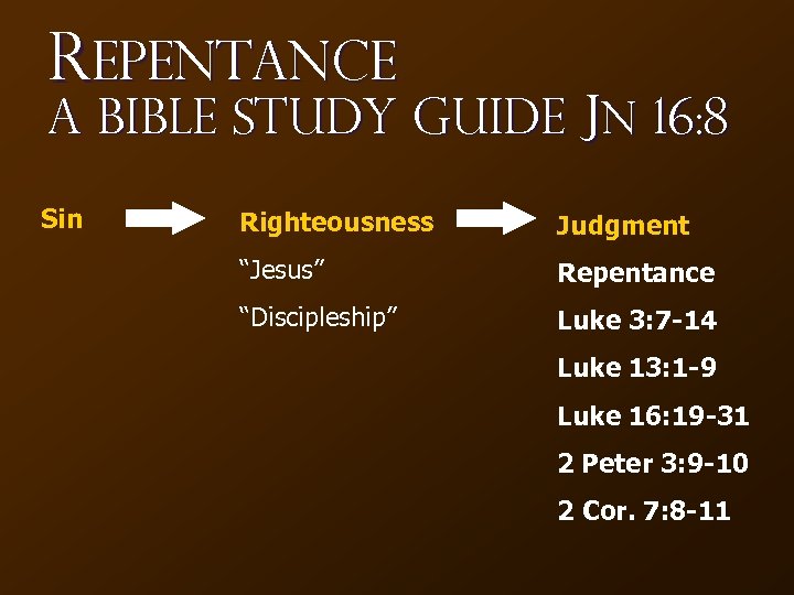 Repentance A Bible Study Guide Jn 16: 8 Sin Righteousness Judgment “Jesus” Repentance “Discipleship”