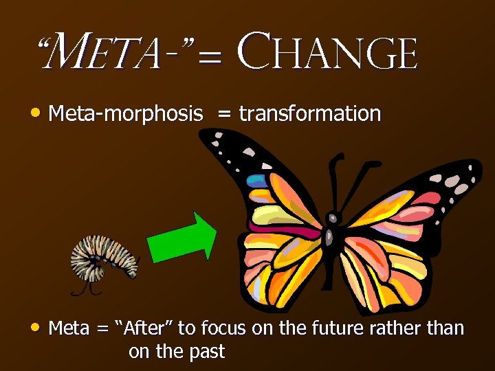 “Meta-” = Change • Meta-morphosis = transformation • Meta = “After” to focus on