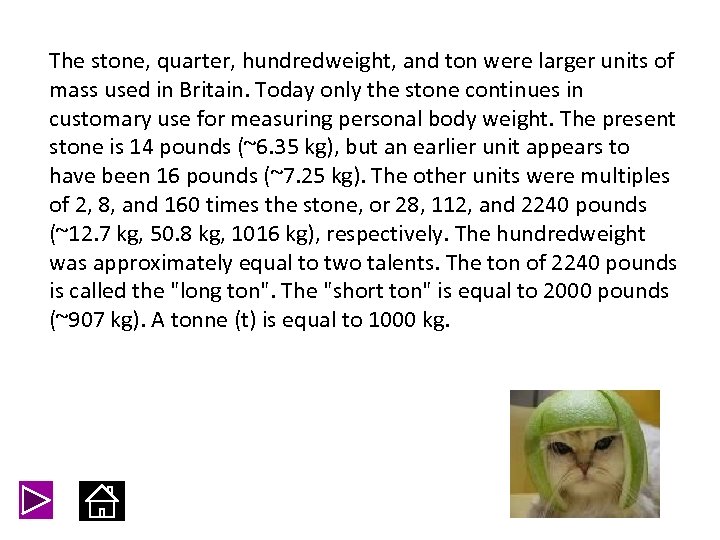 The stone, quarter, hundredweight, and ton were larger units of mass used in Britain.