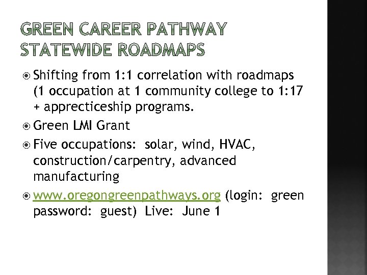  Shifting from 1: 1 correlation with roadmaps (1 occupation at 1 community college