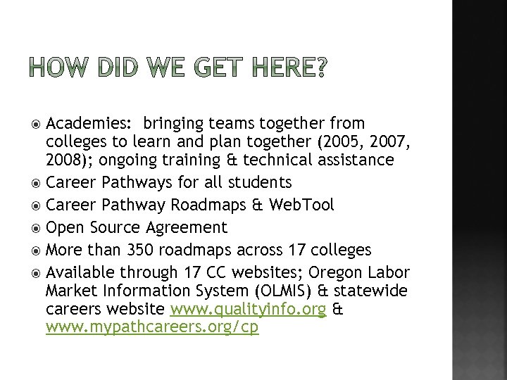 Academies: bringing teams together from colleges to learn and plan together (2005, 2007, 2008);