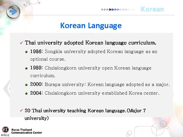 Korean Language ü Thai university adopted Korean language curriculum. 1986: Songkla university adopted Korean