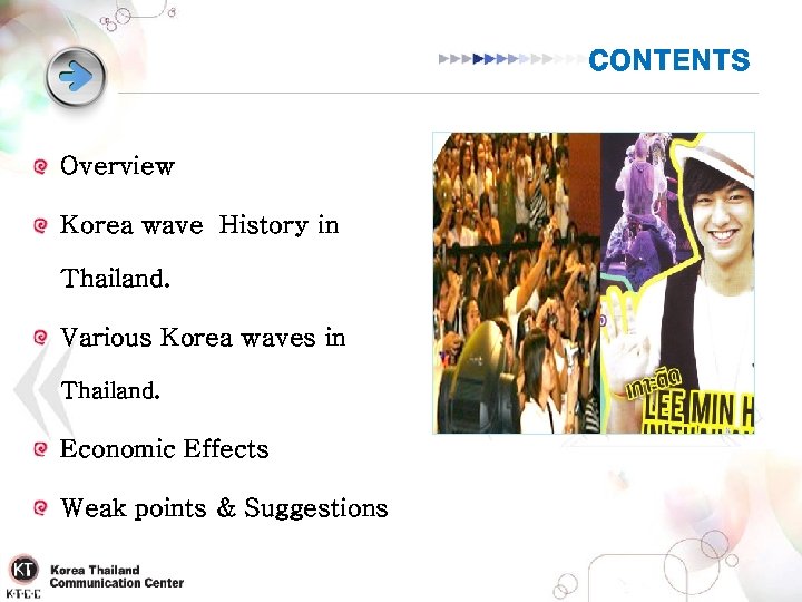 CONTENTS Overview Korea wave History in Thailand. Various Korea waves in Thailand. Economic Effects