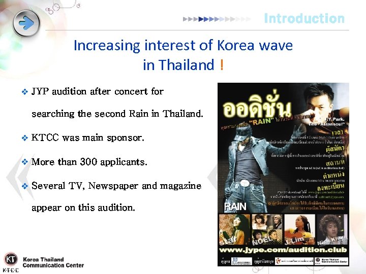 Introduction Increasing interest of Korea wave in Thailand ! v JYP audition after concert