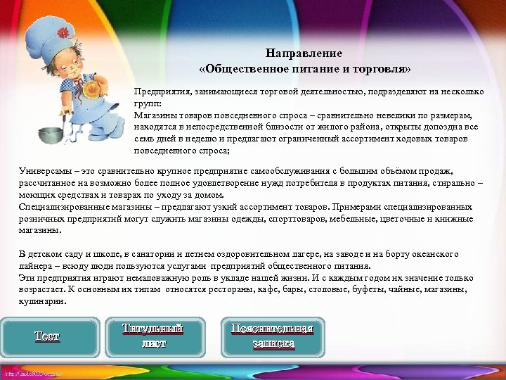 Направление «Общественное питание и торговля» Предприятия, занимающиеся торговой деятельностью, подразделяют на несколько групп: Магазины