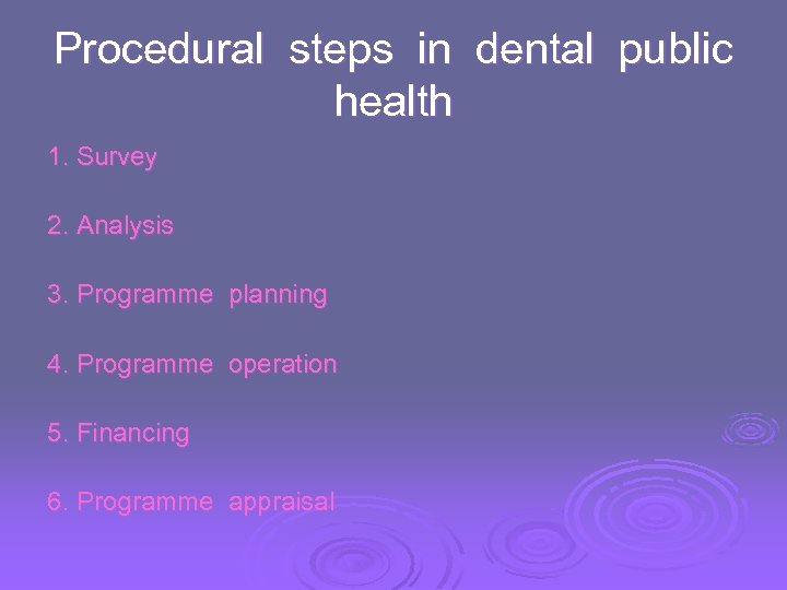 Procedural steps in dental public health 1. Survey 2. Analysis 3. Programme planning 4.