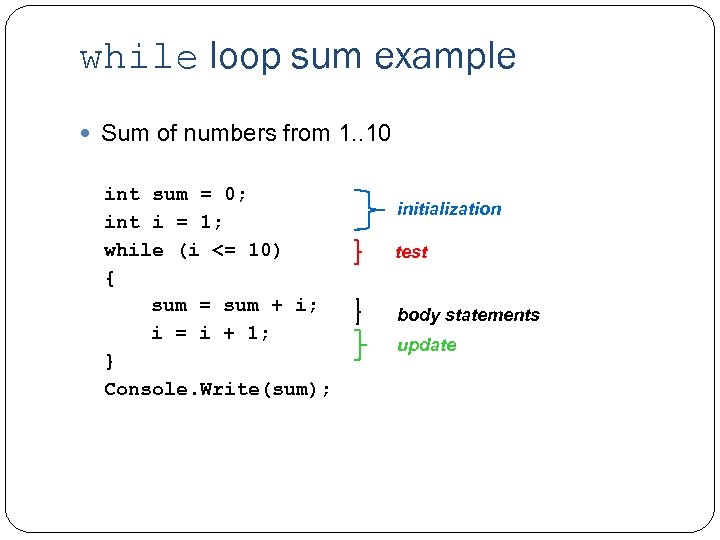 while loop sum example Sum of numbers from 1. . 10 int sum =