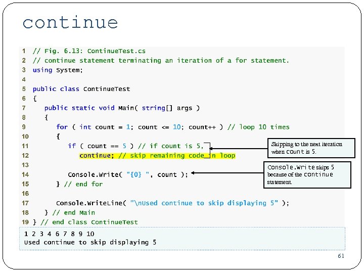 continue Skipping to the next iteration when count is 5. Console. Write skips 5