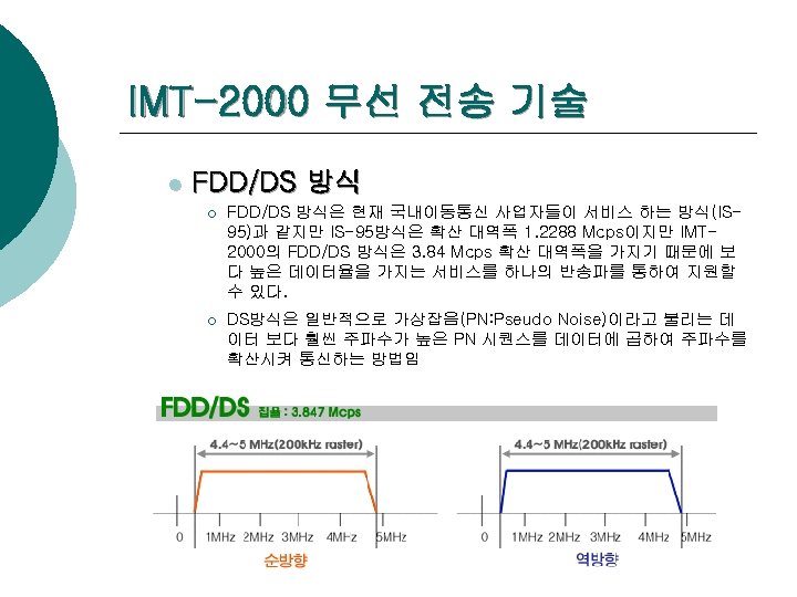 IMT-2000 무선 전송 기술 l FDD/DS 방식 ¡ FDD/DS 방식은 현재 국내이동통신 사업자들이 서비스