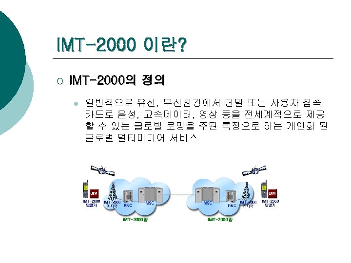 IMT-2000 이란? ¡ IMT-2000의 정의 l 일반적으로 유선, 무선환경에서 단말 또는 사용자 접속 카드로