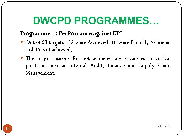 DWCPD PROGRAMMES… Programme 1 : Performance against KPI Out of 63 targets, 32 were