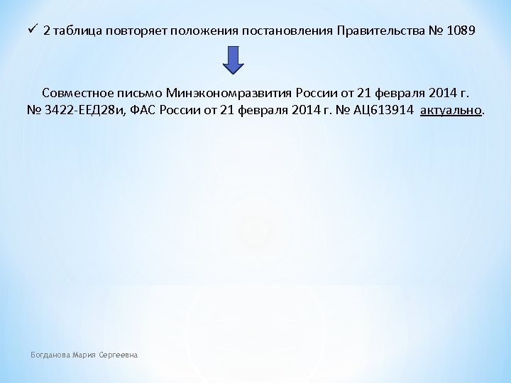 ü 2 таблица повторяет положения постановления Правительства № 1089 Совместное письмо Минэкономразвития России от