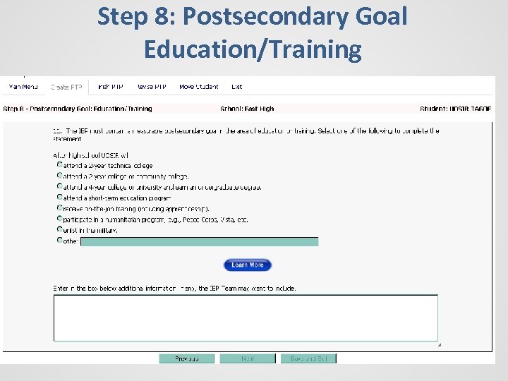 Step 8: Postsecondary Goal Education/Training 