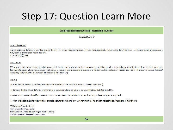 Step 17: Question Learn More 