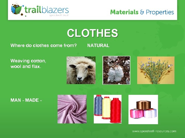 CLOTHES Where do clothes come from? Weaving cotton, wool and flax. MAN - MADE