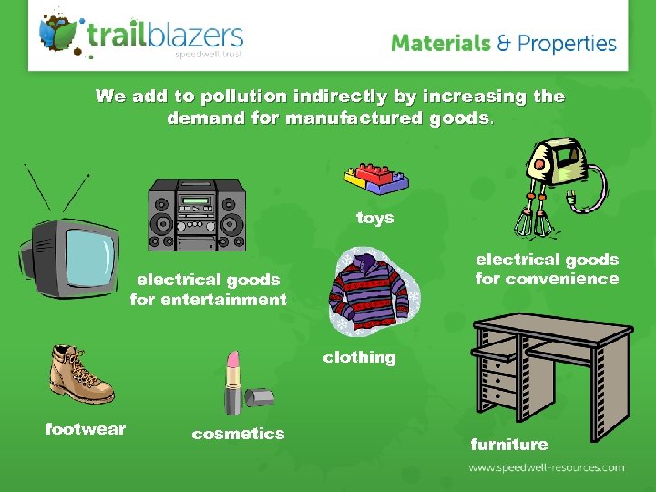 We add to pollution indirectly by increasing the demand for manufactured goods. toys electrical