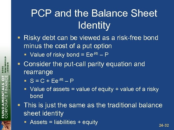 PCP and the Balance Sheet Identity § Risky debt can be viewed as a