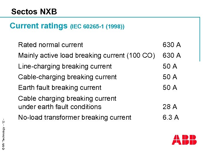 Sectos NXB Current ratings (IEC 60265 -1 (1998)) 630 A Mainly active load breaking