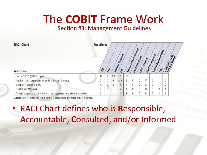 The COBIT Frame Work Section #3: Management Guidelines • RACI Chart defines who is